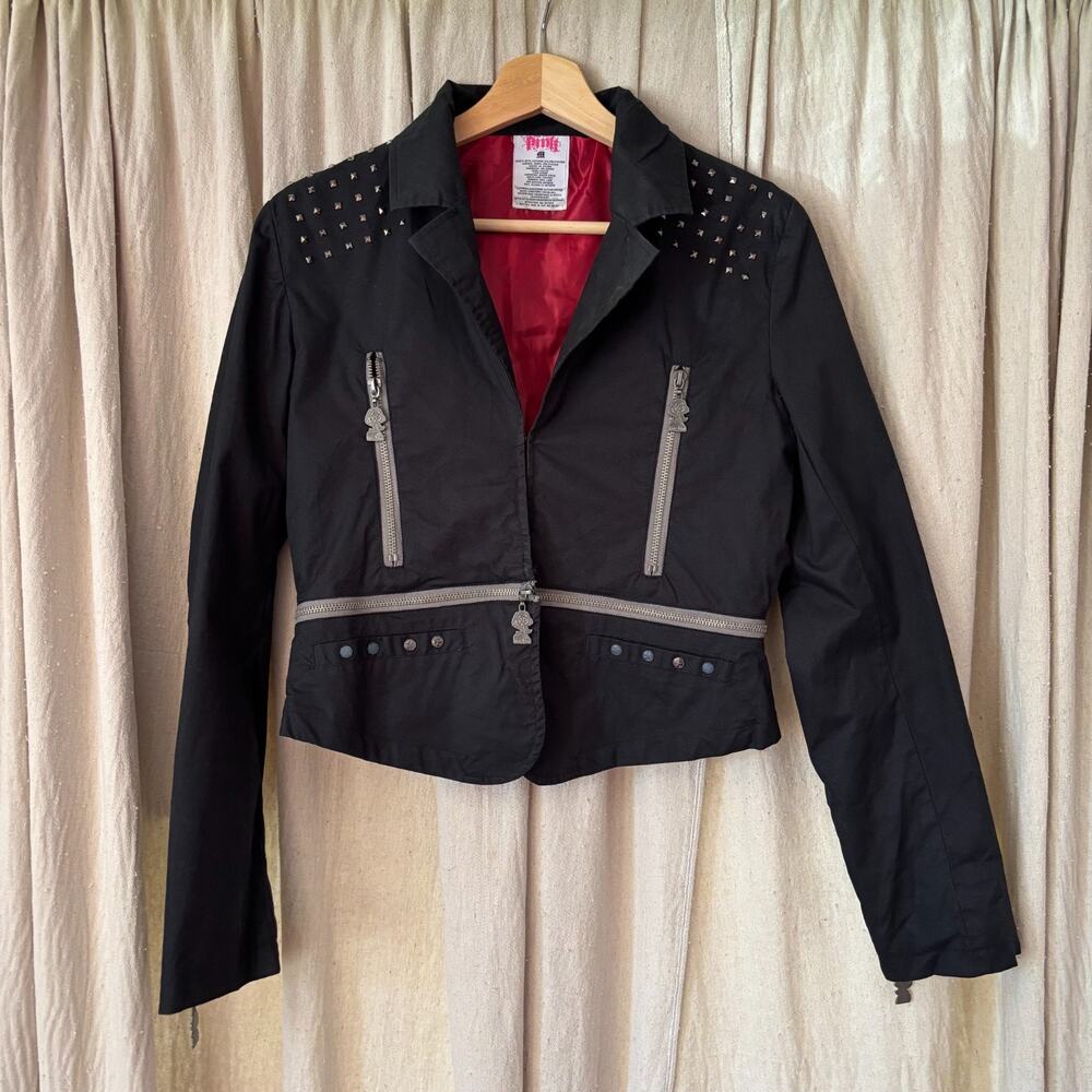 Blac Label Pink Y2K Moto Jacket Women's M Black Studded Skull Embroidered